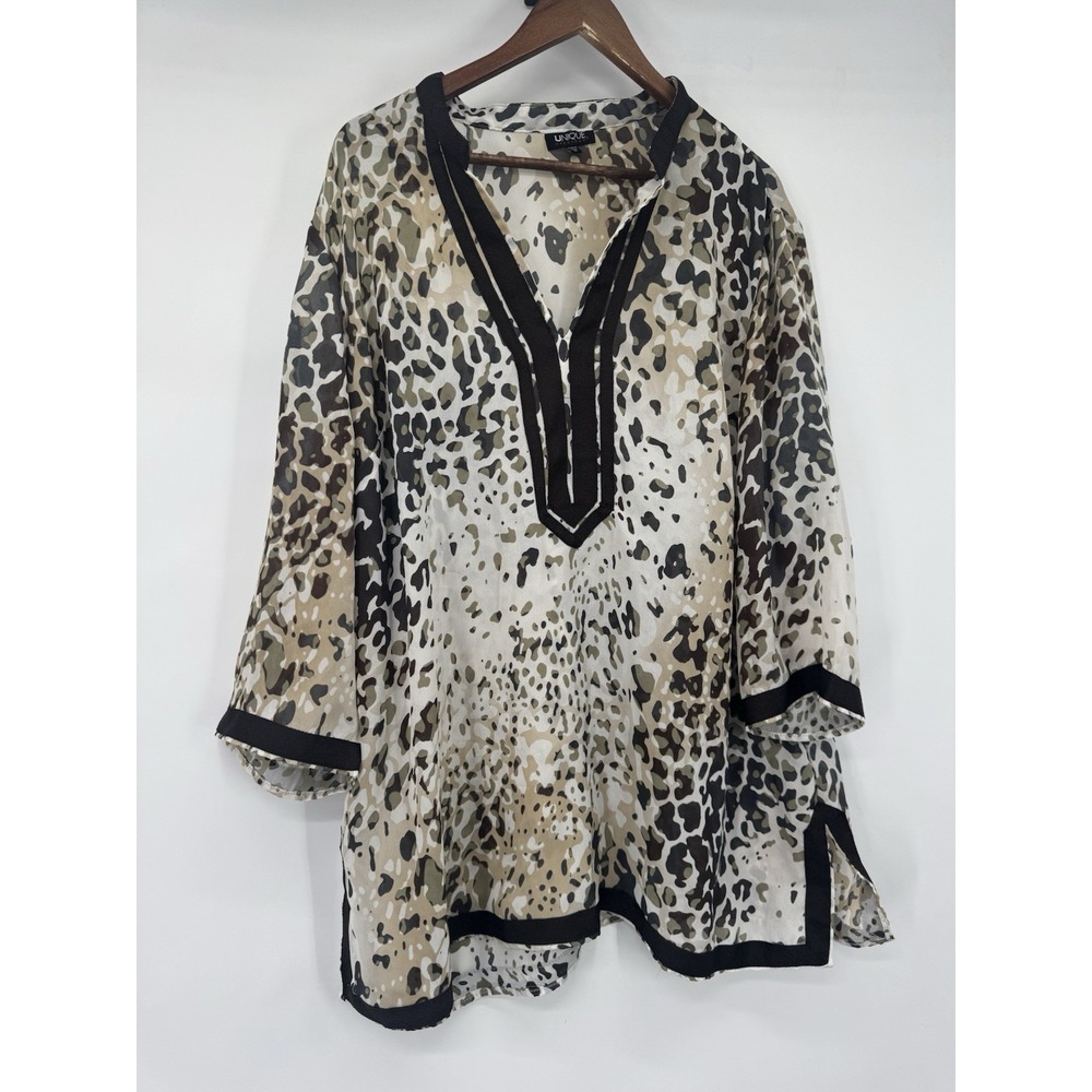 Unique Spectrum Cream Embroidered Beachy Tunic top animal print cover up 3X